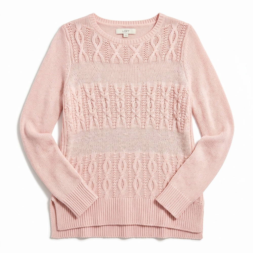 LOFT Womens S Blush Pink Cable Knit Crewneck Sweater Cozy Camel Hair Blend